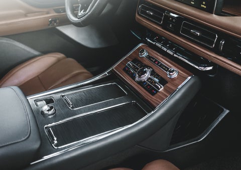 The front center console of a 2024 Lincoln Aviator® SUV is shown | Johnson Sewell Lincoln in Marble Falls TX